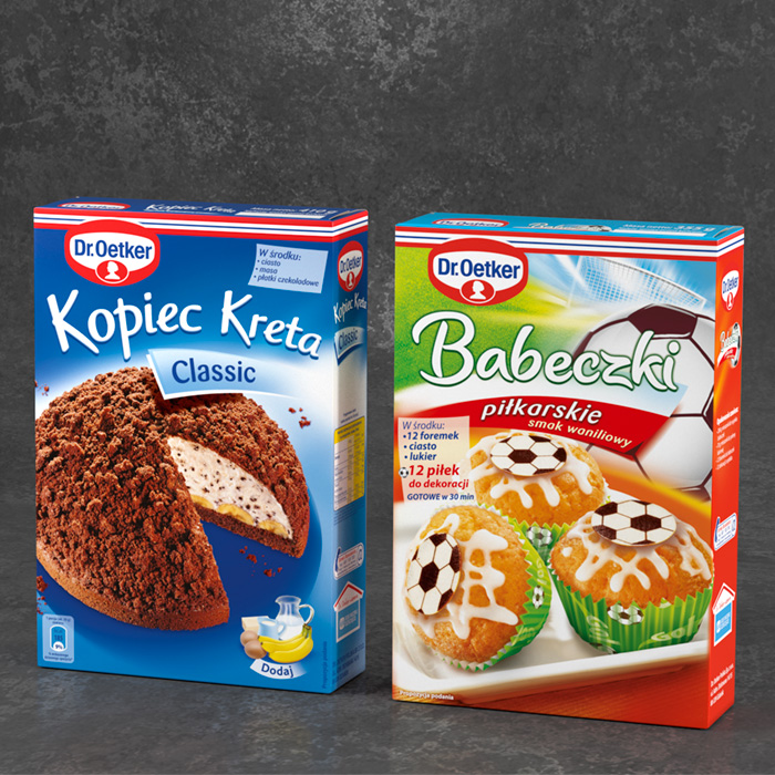 Render - wizualizacja 3D opakowań Dr Oetker przygotowanych do druku, babeczki i ciasta Kopiec kreta